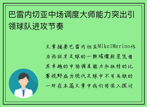 巴雷内切亚中场调度大师能力突出引领球队进攻节奏